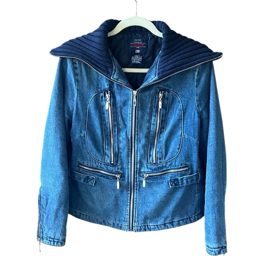 1990s Faded Glory Denim And Knit Zipper Jacket Quilted Lining Sz S Y2K